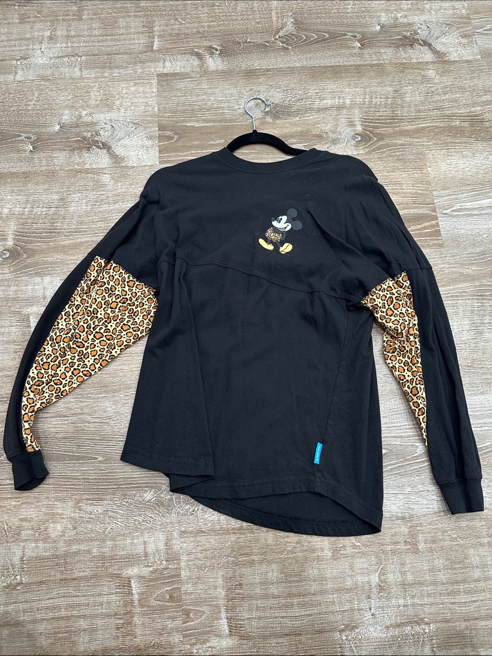 Disney world spirit jersey Black Long Sleeve Top with Leopard Sleeve Panels